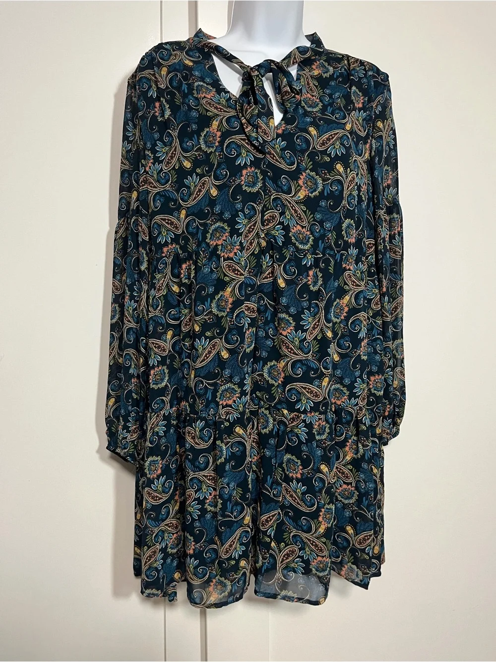 Etherial Gauzy Lightweight Dress Teal Paisley Size Small Faerie Cottage Neck Tie